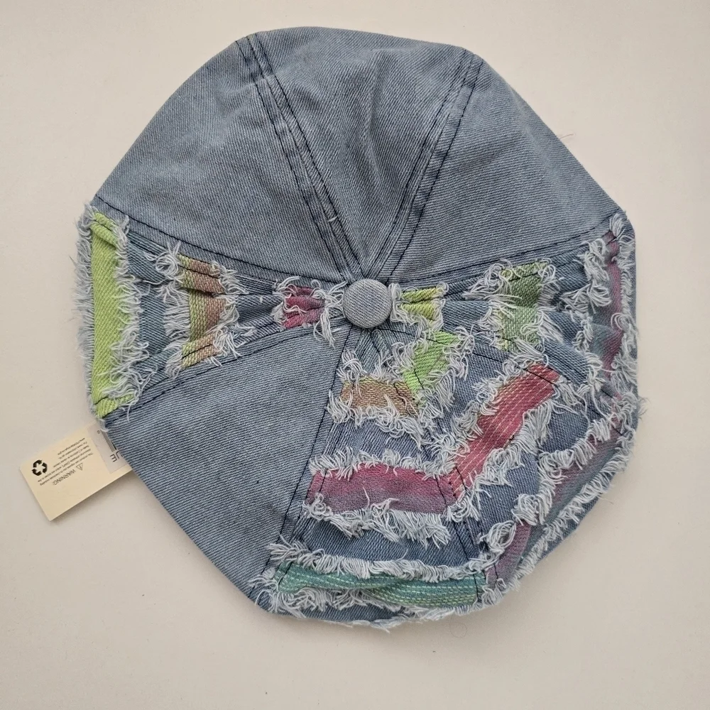 NWT Light Denim Patchwork Multi Fringe Beret Boho Stylish Hat
